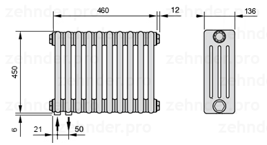 Схема (чертеж) Радиатор Zehnder Charleston 4045/10 №3370 Белый глянцевый RAL 9016